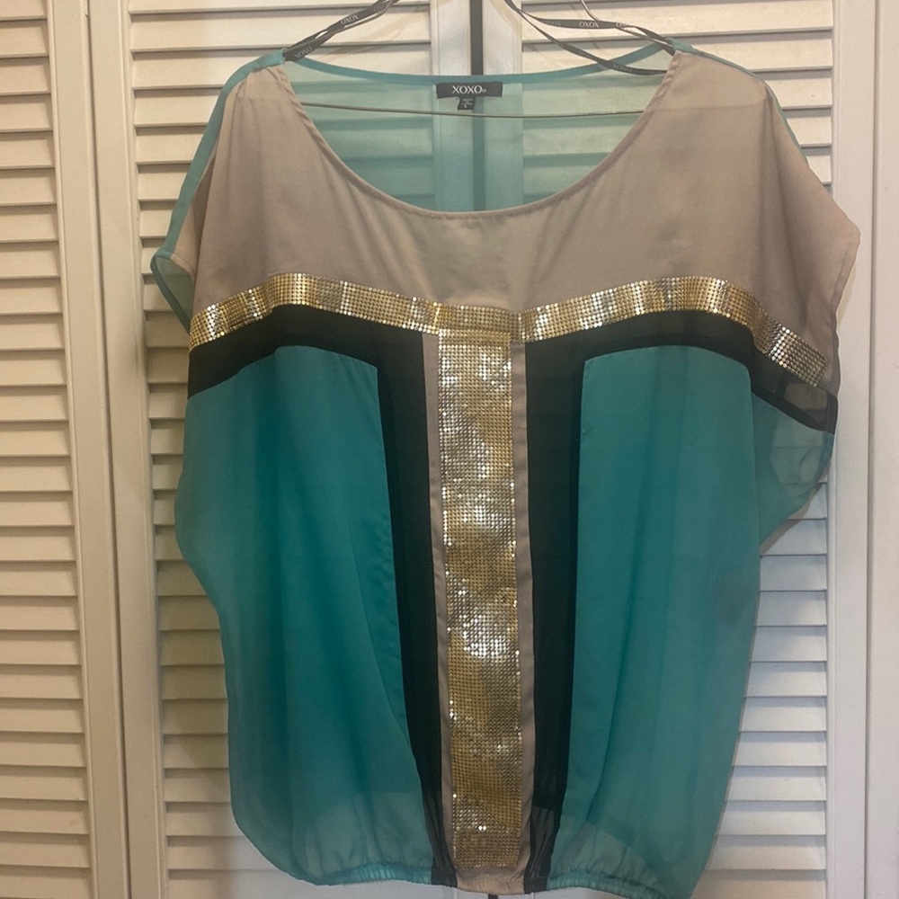 XOXO Large Turquoise/Black/Gold/Tan sheer Shirt